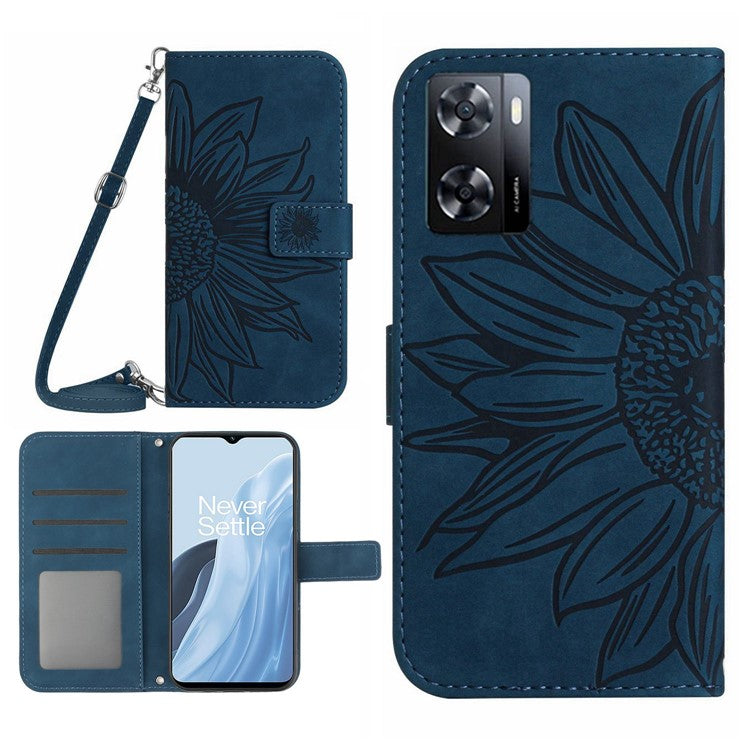 For OnePlus Nord N300 5G HT04 Sunflower Imprinted PU Leather Cover Flip Stand Skin-Touch Wallet Phone Case with Shoulder Strap - Jet Blue