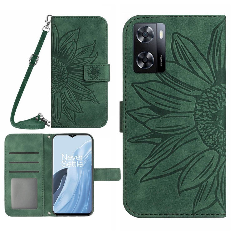 For OnePlus Nord N300 5G HT04 Sunflower Imprinted PU Leather Cover Flip Stand Skin-Touch Wallet Phone Case with Shoulder Strap - Dark Green