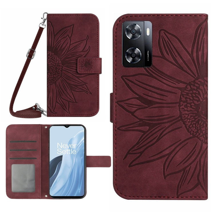 For OnePlus Nord N300 5G HT04 Sunflower Imprinted PU Leather Cover Flip Stand Skin-Touch Wallet Phone Case with Shoulder Strap - Wine Red
