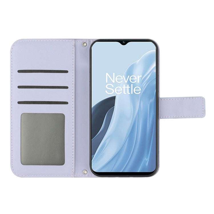 For OnePlus Nord N300 5G HT04 Sunflower Imprinted PU Leather Cover Flip Stand Skin-Touch Wallet Phone Case with Shoulder Strap - Light Purple