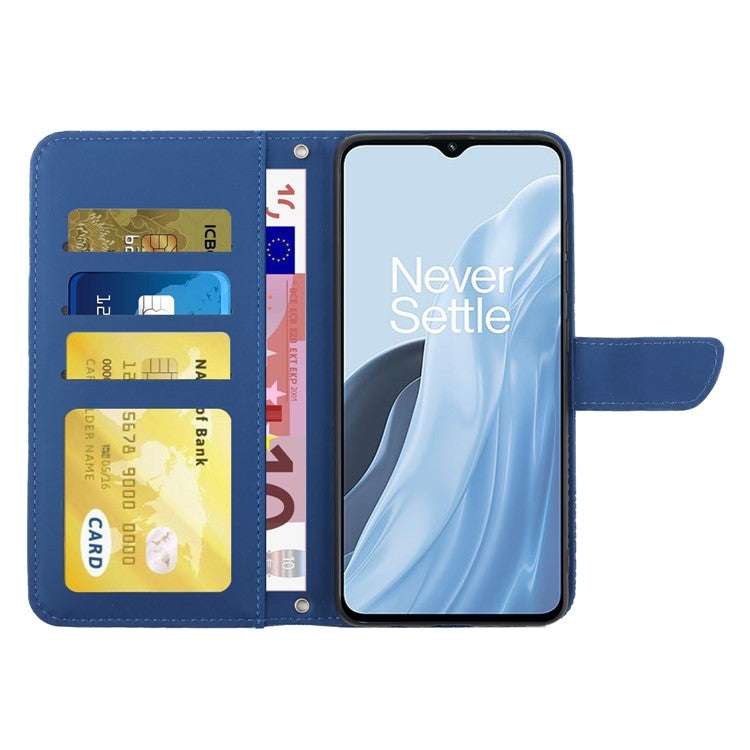 For OnePlus Nord N300 5G HT03 Butterfly Flowers Imprinted Skin-touch PU Leather Phone Case Magnetic Closure Wallet Function Stand Cover with Shoulder Strap - Blue