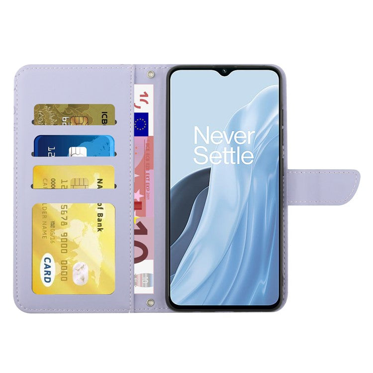 For OnePlus Nord N300 5G HT03 Butterfly Flowers Imprinted Skin-touch PU Leather Phone Case Magnetic Closure Wallet Function Stand Cover with Shoulder Strap - Purple