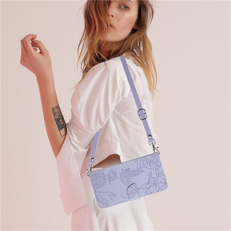 For OnePlus Nord N300 5G HT03 Butterfly Flowers Imprinted Skin-touch PU Leather Phone Case Magnetic Closure Wallet Function Stand Cover with Shoulder Strap - Purple