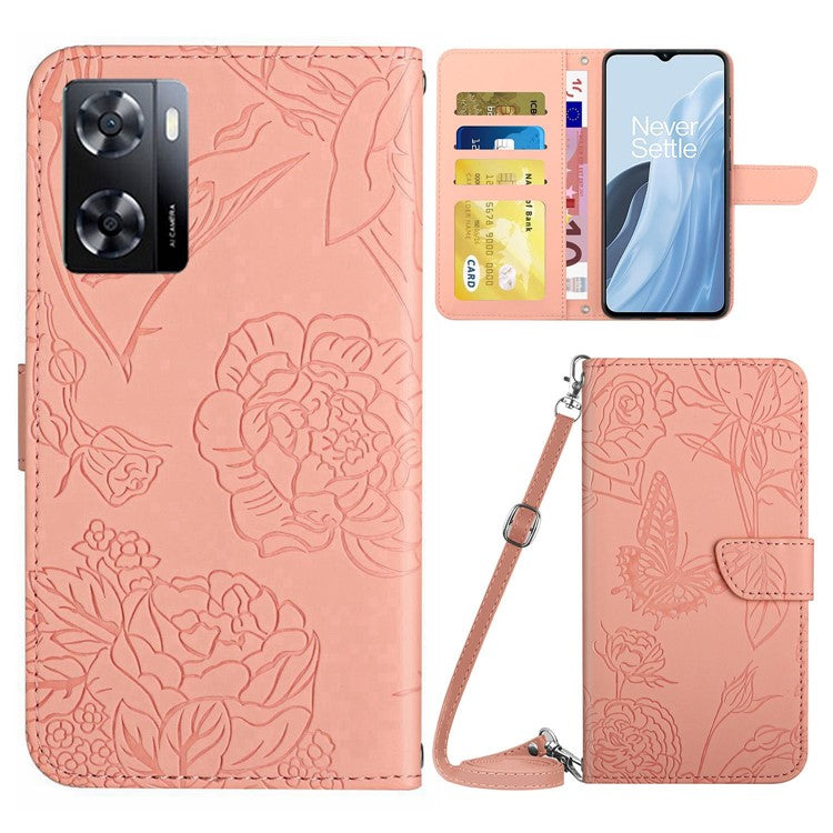 For OnePlus Nord N300 5G HT03 Butterfly Flowers Imprinted Skin-touch PU Leather Phone Case Magnetic Closure Wallet Function Stand Cover with Shoulder Strap - Pink
