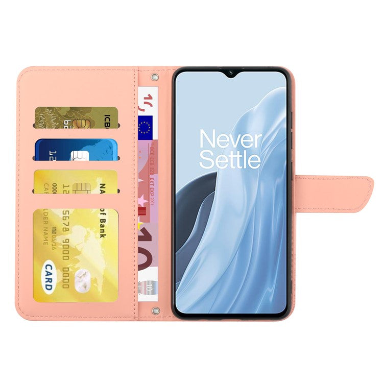 For OnePlus Nord N300 5G HT03 Butterfly Flowers Imprinted Skin-touch PU Leather Phone Case Magnetic Closure Wallet Function Stand Cover with Shoulder Strap - Pink