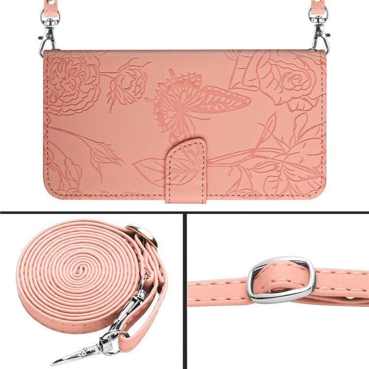 For OnePlus Nord N300 5G HT03 Butterfly Flowers Imprinted Skin-touch PU Leather Phone Case Magnetic Closure Wallet Function Stand Cover with Shoulder Strap - Pink