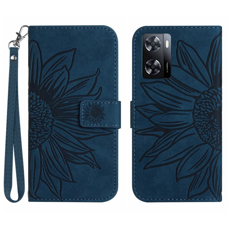 PU Leather Cell Phone Cover For OnePlus Nord N300 5G, HT04 Imprinted Sunflower Skin-Touch Drop-proof Phone Case Stand Wallet with Hand Strap - Dark Blue