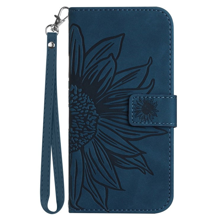 PU Leather Cell Phone Cover For OnePlus Nord N300 5G, HT04 Imprinted Sunflower Skin-Touch Drop-proof Phone Case Stand Wallet with Hand Strap - Dark Blue