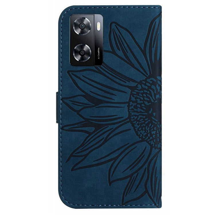 PU Leather Cell Phone Cover For OnePlus Nord N300 5G, HT04 Imprinted Sunflower Skin-Touch Drop-proof Phone Case Stand Wallet with Hand Strap - Dark Blue