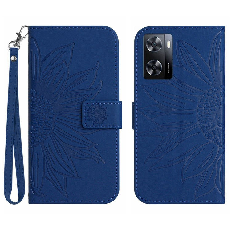PU Leather Cell Phone Cover For OnePlus Nord N300 5G, HT04 Imprinted Sunflower Skin-Touch Drop-proof Phone Case Stand Wallet with Hand Strap - Sapphire