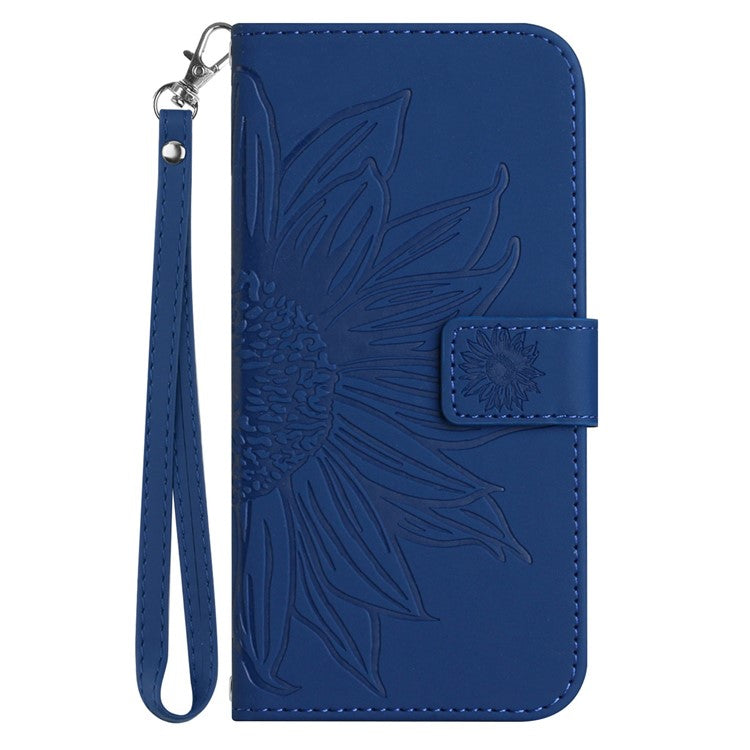 PU Leather Cell Phone Cover For OnePlus Nord N300 5G, HT04 Imprinted Sunflower Skin-Touch Drop-proof Phone Case Stand Wallet with Hand Strap - Sapphire