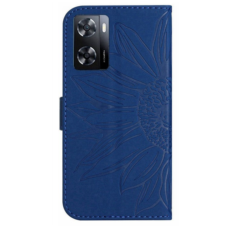PU Leather Cell Phone Cover For OnePlus Nord N300 5G, HT04 Imprinted Sunflower Skin-Touch Drop-proof Phone Case Stand Wallet with Hand Strap - Sapphire