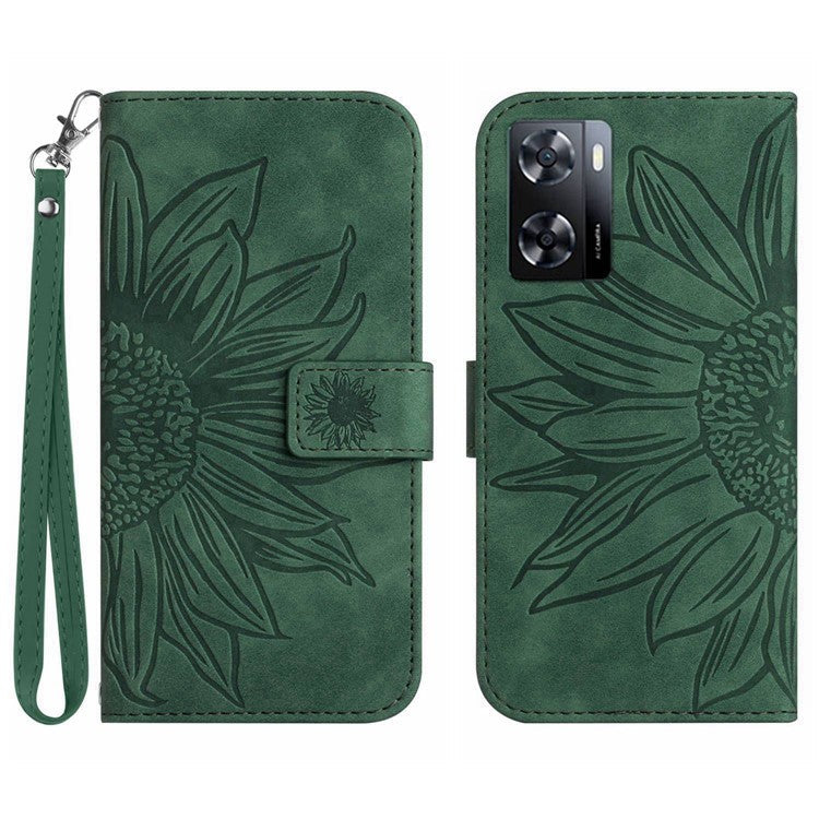 PU Leather Cell Phone Cover For OnePlus Nord N300 5G, HT04 Imprinted Sunflower Skin-Touch Drop-proof Phone Case Stand Wallet with Hand Strap - Dark Green