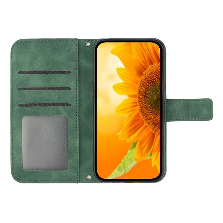 PU Leather Cell Phone Cover For OnePlus Nord N300 5G, HT04 Imprinted Sunflower Skin-Touch Drop-proof Phone Case Stand Wallet with Hand Strap - Dark Green