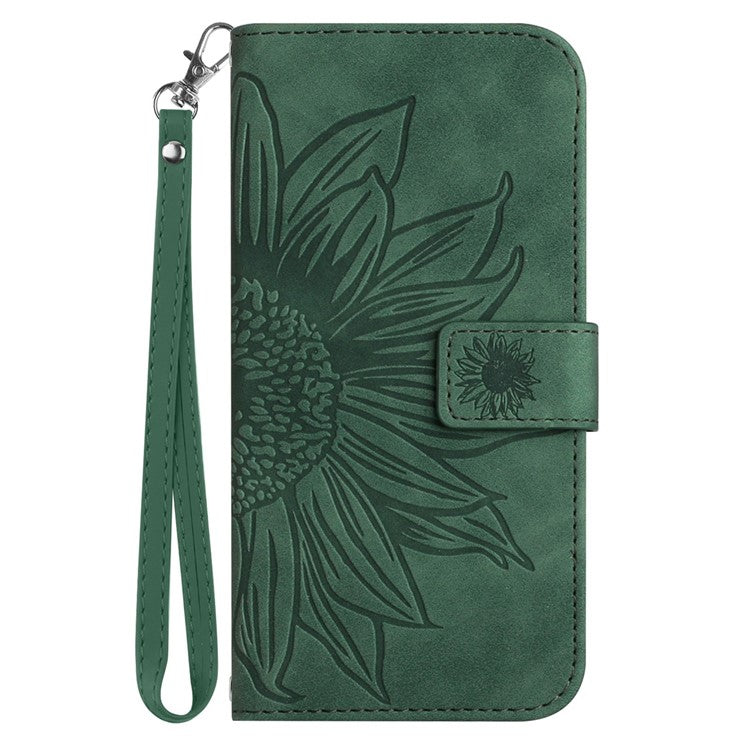 PU Leather Cell Phone Cover For OnePlus Nord N300 5G, HT04 Imprinted Sunflower Skin-Touch Drop-proof Phone Case Stand Wallet with Hand Strap - Dark Green