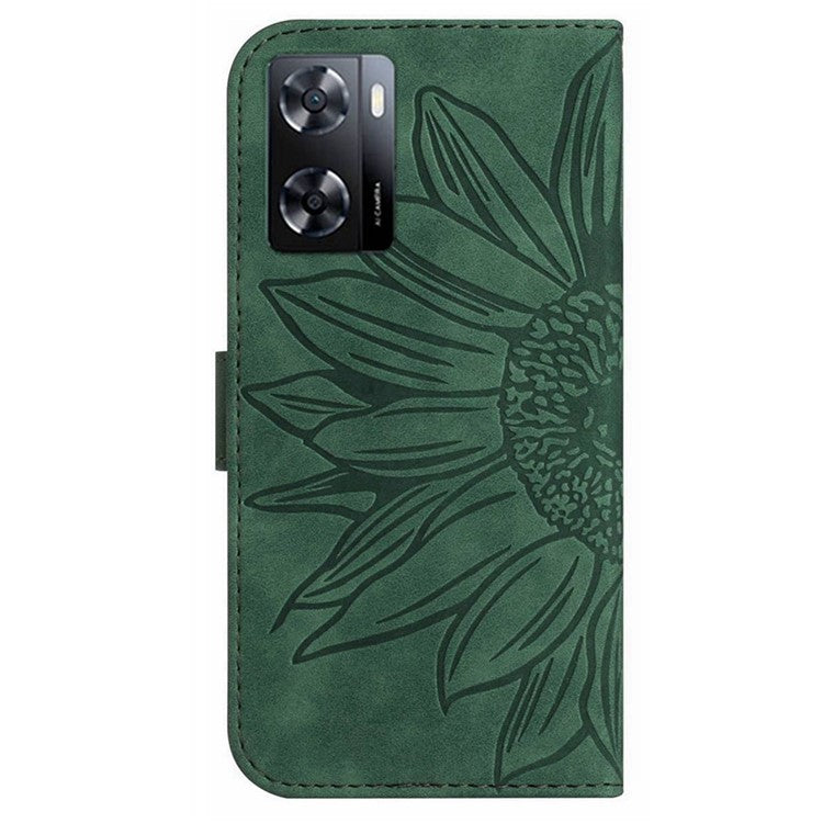 PU Leather Cell Phone Cover For OnePlus Nord N300 5G, HT04 Imprinted Sunflower Skin-Touch Drop-proof Phone Case Stand Wallet with Hand Strap - Dark Green