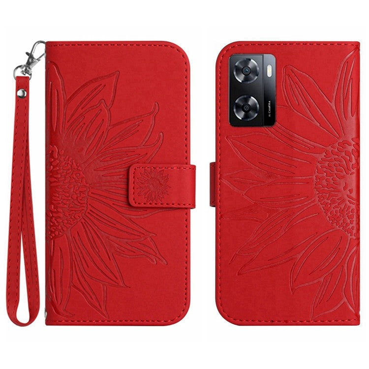 PU Leather Cell Phone Cover For OnePlus Nord N300 5G, HT04 Imprinted Sunflower Skin-Touch Drop-proof Phone Case Stand Wallet with Hand Strap - Red