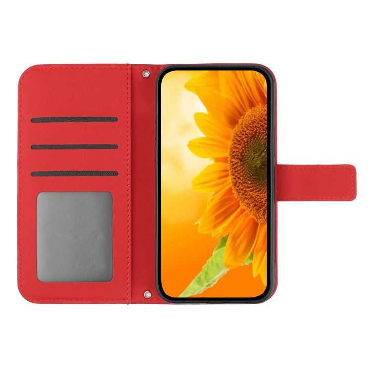 PU Leather Cell Phone Cover For OnePlus Nord N300 5G, HT04 Imprinted Sunflower Skin-Touch Drop-proof Phone Case Stand Wallet with Hand Strap - Red