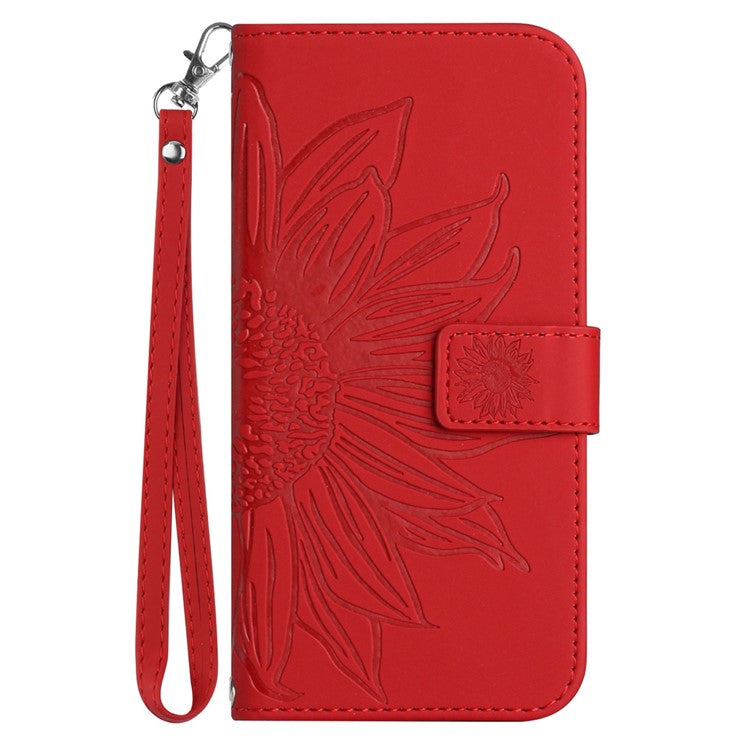 PU Leather Cell Phone Cover For OnePlus Nord N300 5G, HT04 Imprinted Sunflower Skin-Touch Drop-proof Phone Case Stand Wallet with Hand Strap - Red