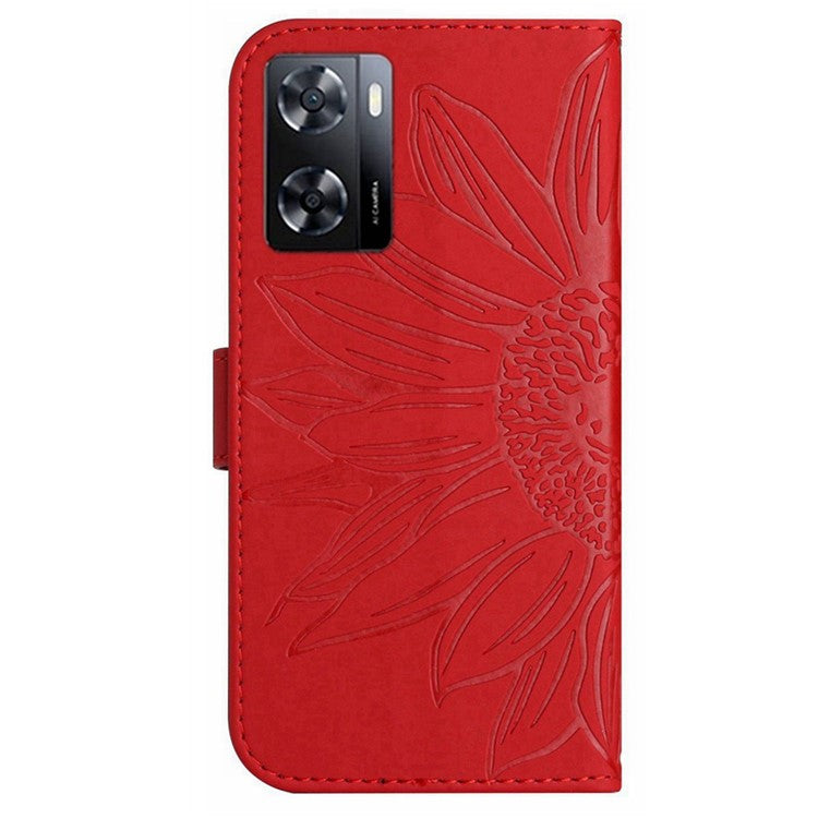 PU Leather Cell Phone Cover For OnePlus Nord N300 5G, HT04 Imprinted Sunflower Skin-Touch Drop-proof Phone Case Stand Wallet with Hand Strap - Red