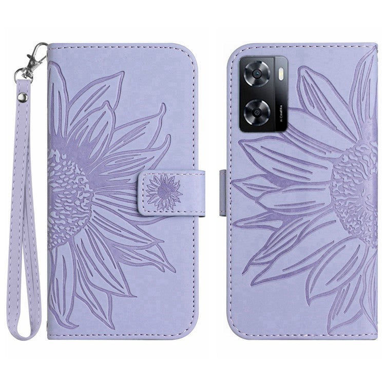 PU Leather Cell Phone Cover For OnePlus Nord N300 5G, HT04 Imprinted Sunflower Skin-Touch Drop-proof Phone Case Stand Wallet with Hand Strap - Light Purple