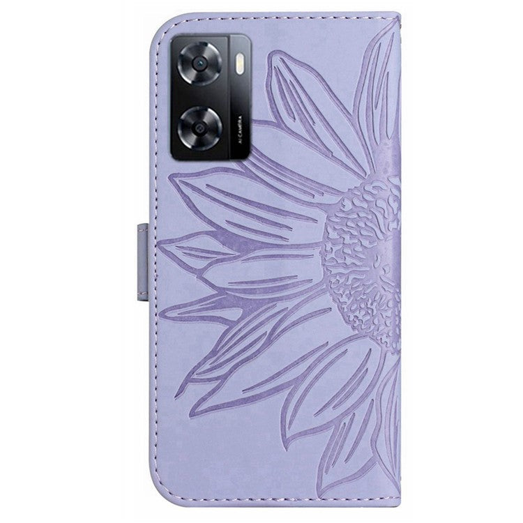 PU Leather Cell Phone Cover For OnePlus Nord N300 5G, HT04 Imprinted Sunflower Skin-Touch Drop-proof Phone Case Stand Wallet with Hand Strap - Light Purple