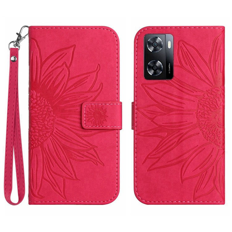 PU Leather Cell Phone Cover For OnePlus Nord N300 5G, HT04 Imprinted Sunflower Skin-Touch Drop-proof Phone Case Stand Wallet with Hand Strap - Rose