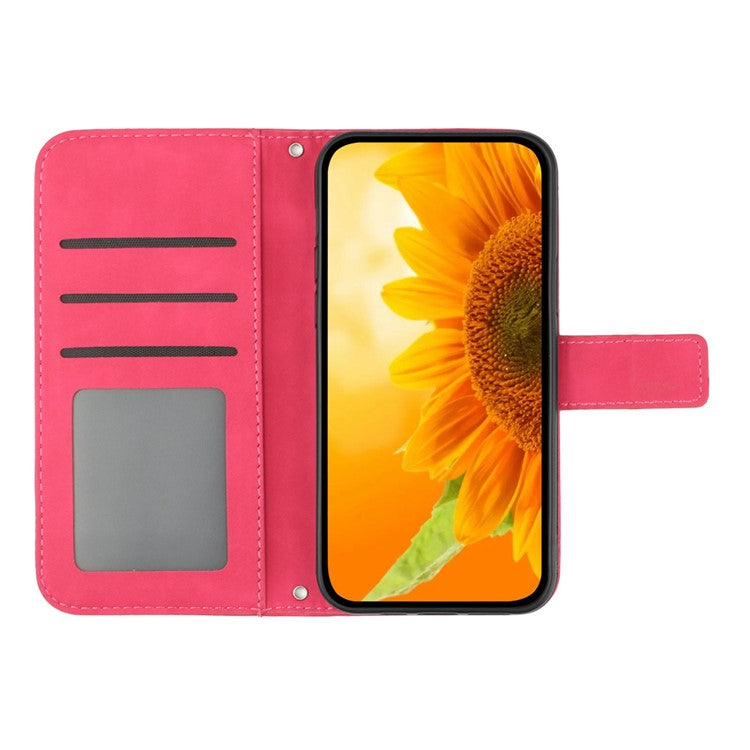 PU Leather Cell Phone Cover For OnePlus Nord N300 5G, HT04 Imprinted Sunflower Skin-Touch Drop-proof Phone Case Stand Wallet with Hand Strap - Rose