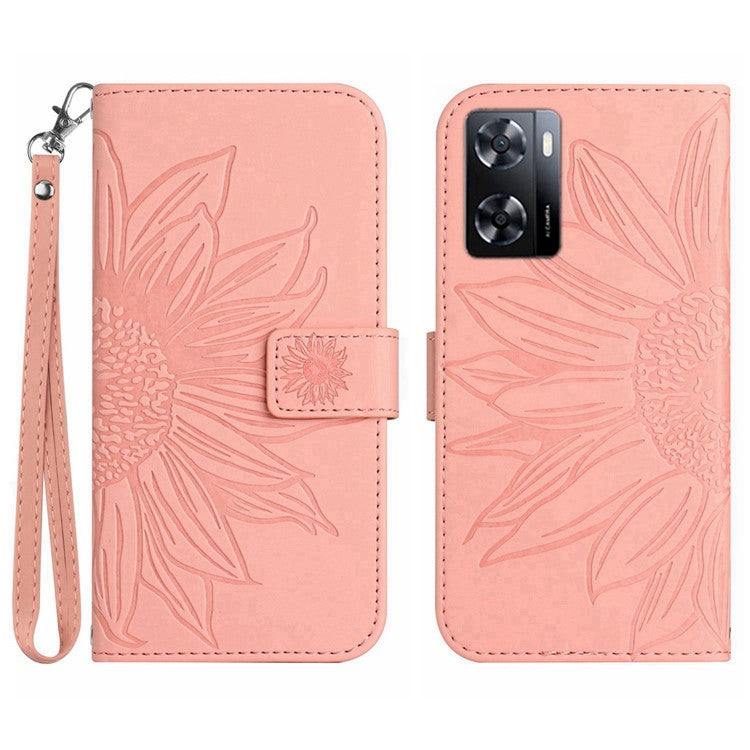 PU Leather Cell Phone Cover For OnePlus Nord N300 5G, HT04 Imprinted Sunflower Skin-Touch Drop-proof Phone Case Stand Wallet with Hand Strap - Light Pink