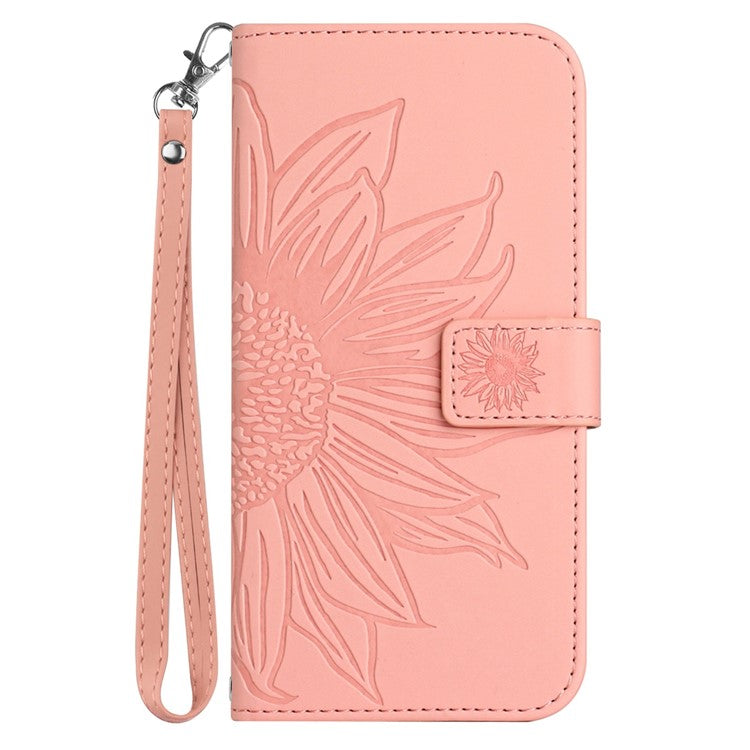 PU Leather Cell Phone Cover For OnePlus Nord N300 5G, HT04 Imprinted Sunflower Skin-Touch Drop-proof Phone Case Stand Wallet with Hand Strap - Light Pink