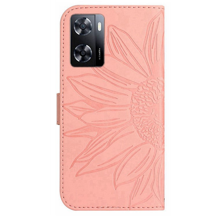 PU Leather Cell Phone Cover For OnePlus Nord N300 5G, HT04 Imprinted Sunflower Skin-Touch Drop-proof Phone Case Stand Wallet with Hand Strap - Light Pink
