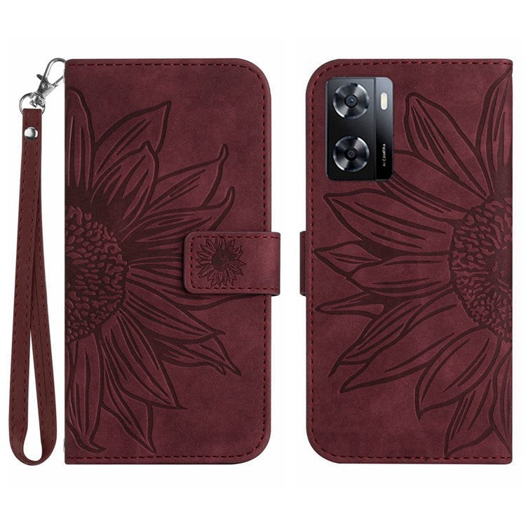 PU Leather Cell Phone Cover For OnePlus Nord N300 5G, HT04 Imprinted Sunflower Skin-Touch Drop-proof Phone Case Stand Wallet with Hand Strap - Wine Red