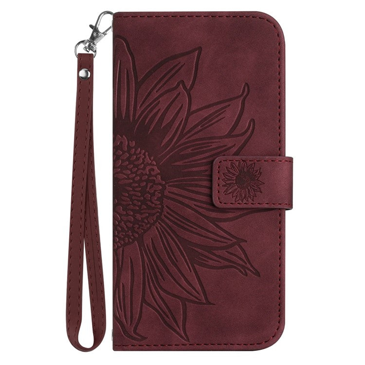 PU Leather Cell Phone Cover For OnePlus Nord N300 5G, HT04 Imprinted Sunflower Skin-Touch Drop-proof Phone Case Stand Wallet with Hand Strap - Wine Red