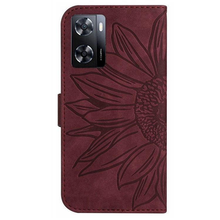 PU Leather Cell Phone Cover For OnePlus Nord N300 5G, HT04 Imprinted Sunflower Skin-Touch Drop-proof Phone Case Stand Wallet with Hand Strap - Wine Red