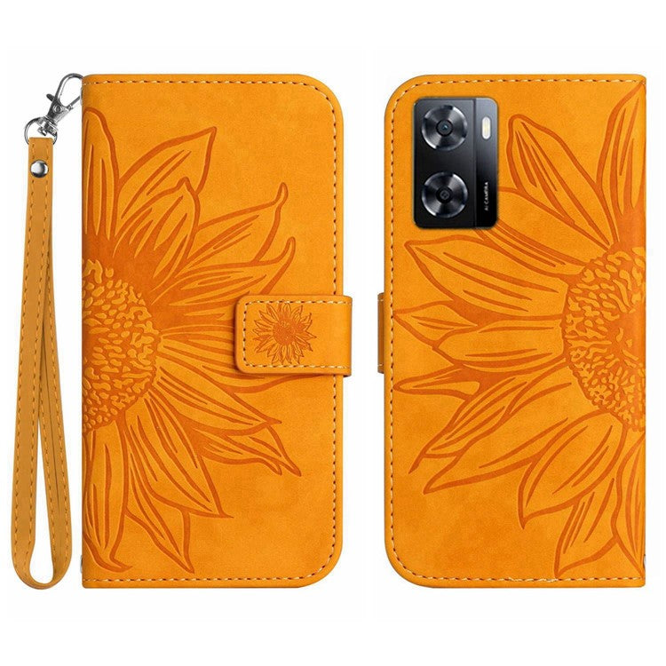 PU Leather Cell Phone Cover For OnePlus Nord N300 5G, HT04 Imprinted Sunflower Skin-Touch Drop-proof Phone Case Stand Wallet with Hand Strap - Yellow