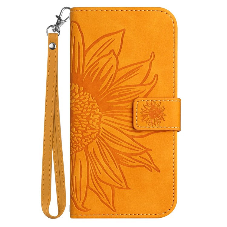 PU Leather Cell Phone Cover For OnePlus Nord N300 5G, HT04 Imprinted Sunflower Skin-Touch Drop-proof Phone Case Stand Wallet with Hand Strap - Yellow