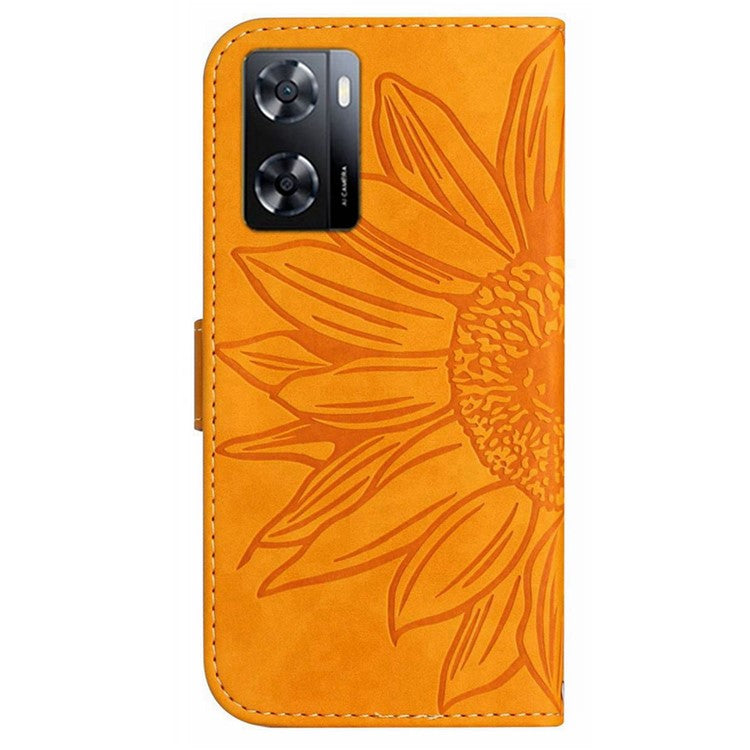 PU Leather Cell Phone Cover For OnePlus Nord N300 5G, HT04 Imprinted Sunflower Skin-Touch Drop-proof Phone Case Stand Wallet with Hand Strap - Yellow