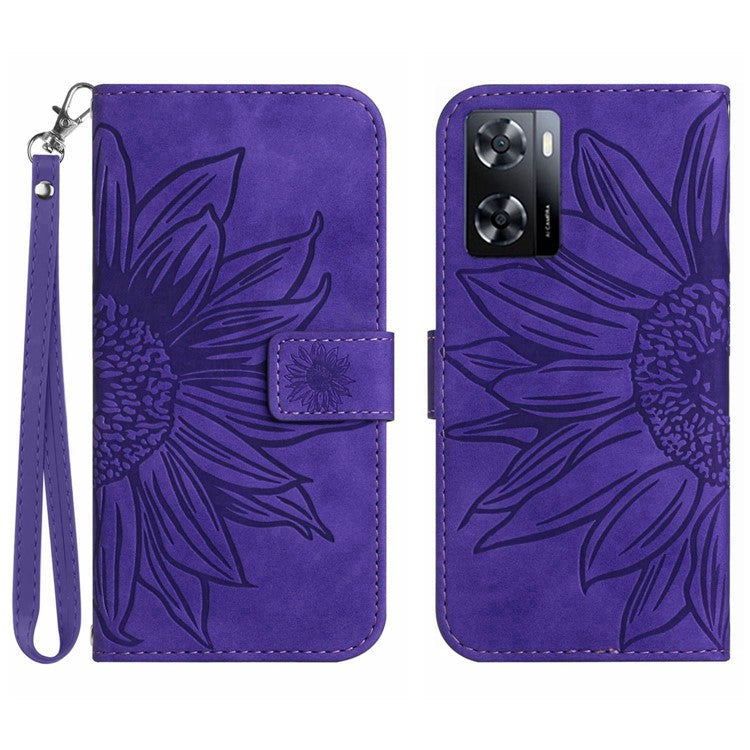 PU Leather Cell Phone Cover For OnePlus Nord N300 5G, HT04 Imprinted Sunflower Skin-Touch Drop-proof Phone Case Stand Wallet with Hand Strap - Dark Purple