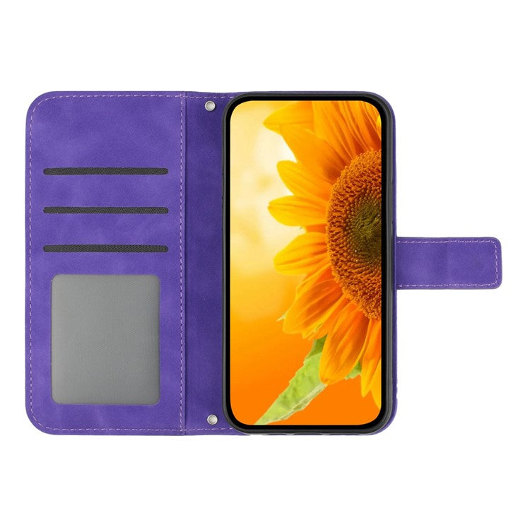 PU Leather Cell Phone Cover For OnePlus Nord N300 5G, HT04 Imprinted Sunflower Skin-Touch Drop-proof Phone Case Stand Wallet with Hand Strap - Dark Purple