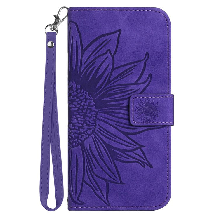 PU Leather Cell Phone Cover For OnePlus Nord N300 5G, HT04 Imprinted Sunflower Skin-Touch Drop-proof Phone Case Stand Wallet with Hand Strap - Dark Purple