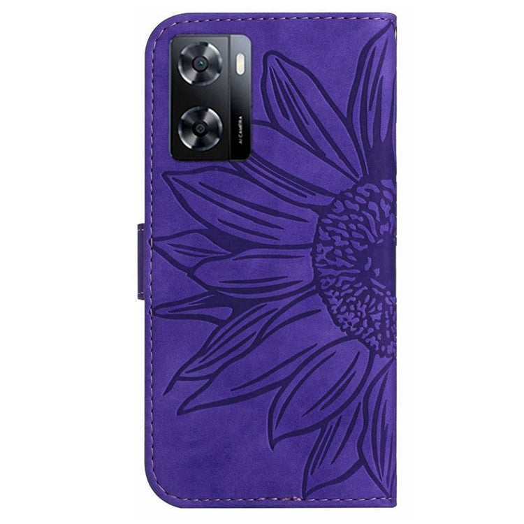PU Leather Cell Phone Cover For OnePlus Nord N300 5G, HT04 Imprinted Sunflower Skin-Touch Drop-proof Phone Case Stand Wallet with Hand Strap - Dark Purple