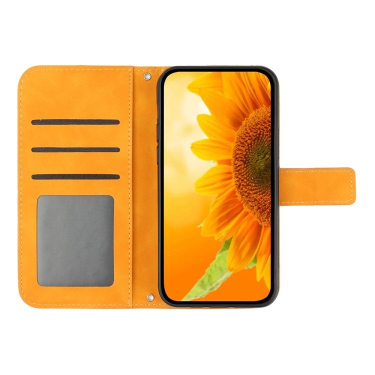For Samsung Galaxy S23+ HT04 Flip Wallet Cover Skin-Touch Imprinted Sunflower Scratch-resistant Phone Case Stand with Hand Strap - Yellow