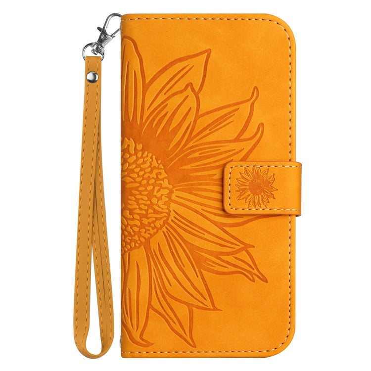 For Samsung Galaxy S23+ HT04 Flip Wallet Cover Skin-Touch Imprinted Sunflower Scratch-resistant Phone Case Stand with Hand Strap - Yellow