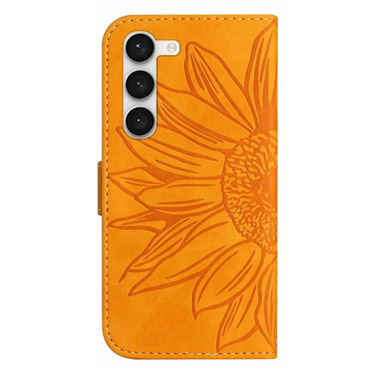 For Samsung Galaxy S23+ HT04 Flip Wallet Cover Skin-Touch Imprinted Sunflower Scratch-resistant Phone Case Stand with Hand Strap - Yellow