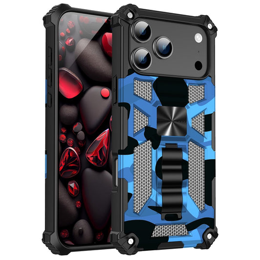 For iPhone 17 Pro Max Case Kickstand PC + TPU Camouflage Military Grade Phone Cover - Camouflage Blue