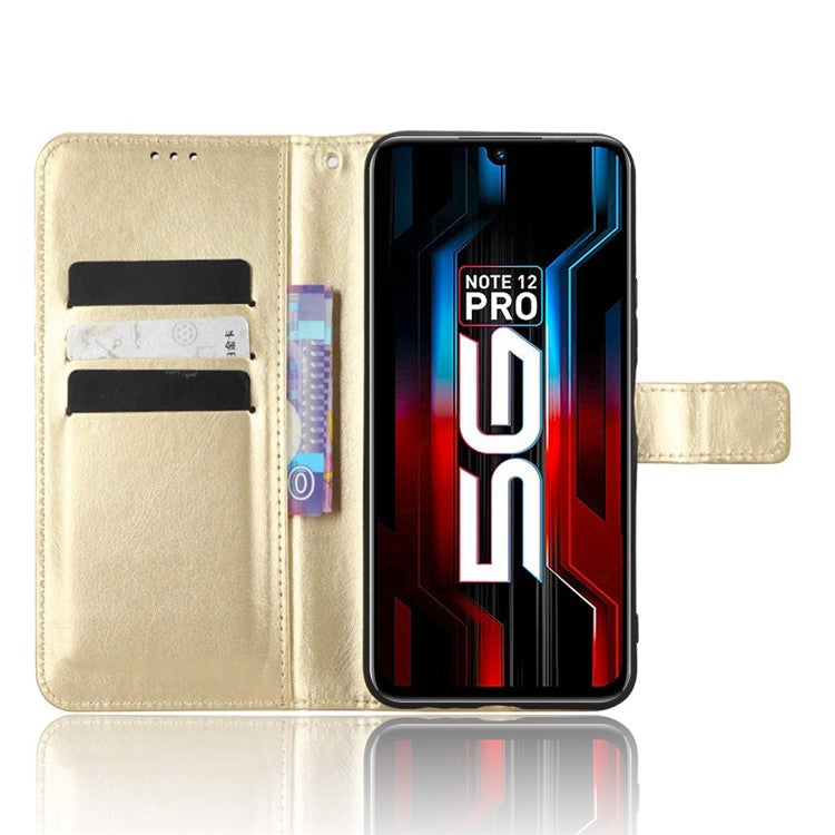 For Infinix Note 12 5G X671 / Note 12 Pro 5G X671B Flip Wallet Case Crazy Horse Texture PU Leather Stand Cover with Strap - Gold
