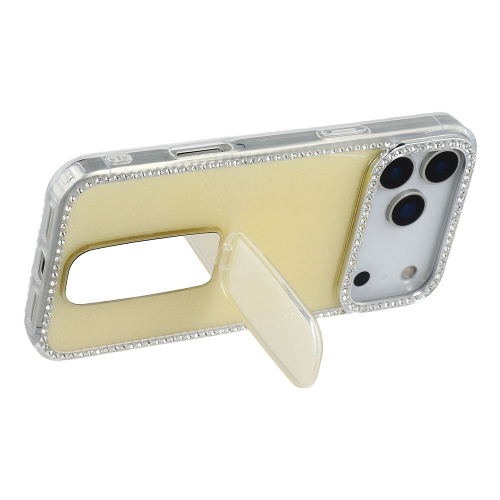 For iPhone 17 Pro Max Case with Straight Mirror Kickstand Rhinestone Edge TPU + PC IMD Phone Cover - Glitter Light Yellow