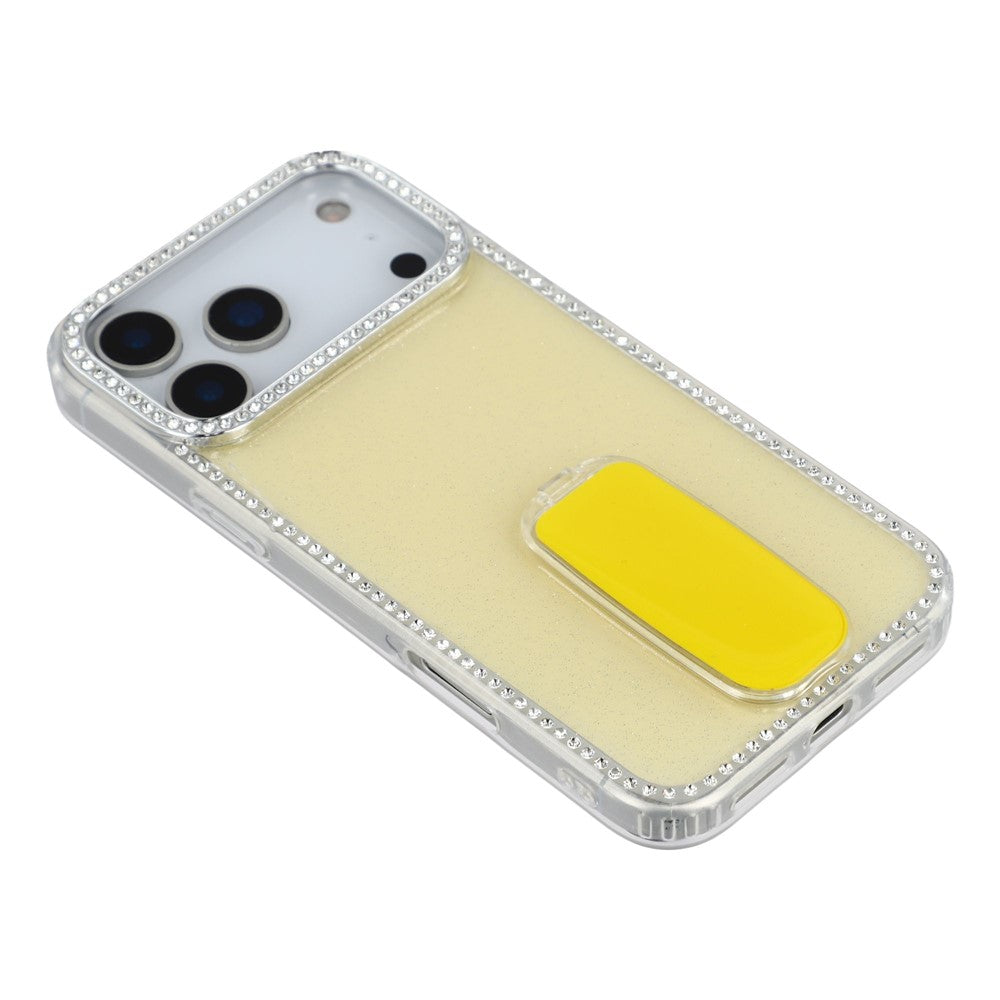 For iPhone 17 Pro Max Case with Straight Mirror Kickstand Rhinestone Edge TPU + PC IMD Phone Cover - Glitter Light Yellow