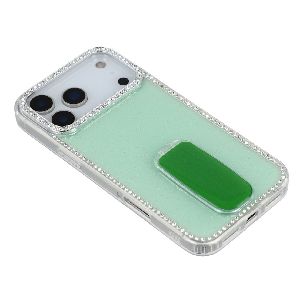 For iPhone 17 Pro Max Case with Straight Mirror Kickstand Rhinestone Edge TPU + PC IMD Phone Cover - Glitter Light Green