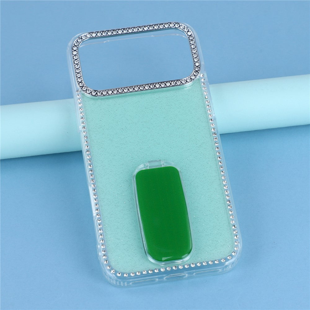 For iPhone 17 Pro Max Case with Straight Mirror Kickstand Rhinestone Edge TPU + PC IMD Phone Cover - Glitter Light Green